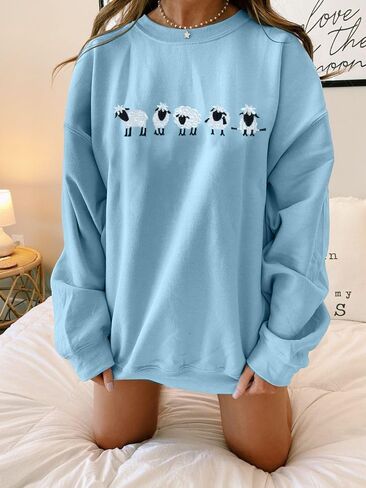 LUKYCILD Embroidered Sheep Sweatshirt for Women Cute Farm Shirts Funny Animal Sweater Fall Casual Long Sleeve Tops in Saudi Arabia