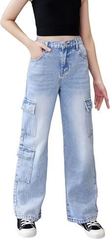 WDIRARA Girl's Flap Pocket Side High Waist Straight Leg Cargo Long Jeans Denim Pants Medium Wash 11-12Y in Saudi Arabia