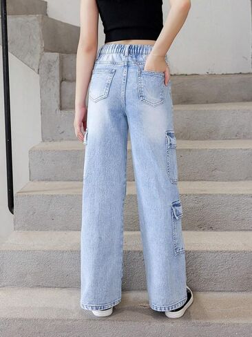 WDIRARA Girl's Flap Pocket Side High Waist Straight Leg Cargo Long Jeans Denim Pants Medium Wash 11-12Y in Saudi Arabia