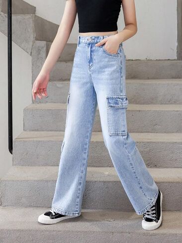 WDIRARA Girl's Flap Pocket Side High Waist Straight Leg Cargo Long Jeans Denim Pants Medium Wash 11-12Y in Saudi Arabia