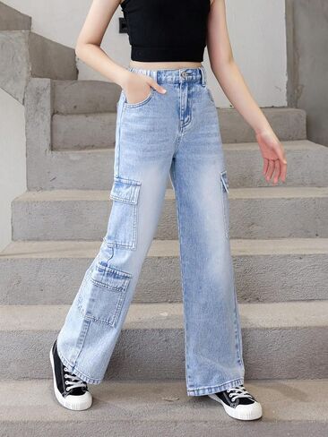 WDIRARA Girl's Flap Pocket Side High Waist Straight Leg Cargo Long Jeans Denim Pants Medium Wash 11-12Y in Saudi Arabia