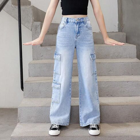 WDIRARA Girl's Flap Pocket Side High Waist Straight Leg Cargo Long Jeans Denim Pants Medium Wash 11-12Y in Saudi Arabia