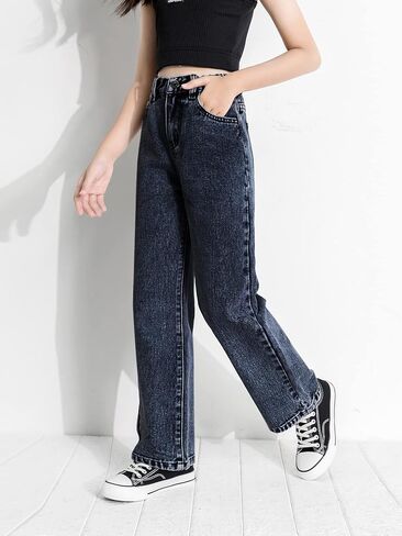 روموي بنطلون جينز كلاسيكي للبنات بخصر مرتفع وقصة مستقيمة وقصة عادية in Kuwait