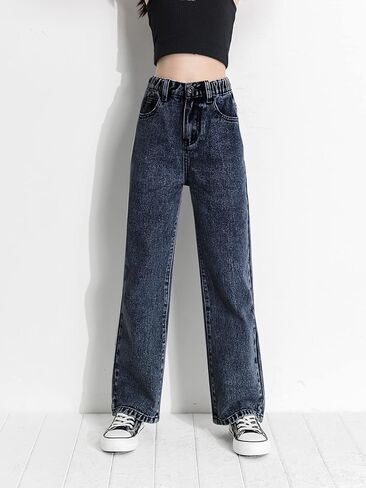 روموي بنطلون جينز كلاسيكي للبنات بخصر مرتفع وقصة مستقيمة وقصة عادية in Kuwait