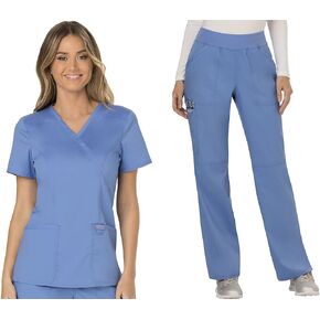 Women Scrubs Set Workwear Revolution WW610 Mock Wrap Top & WW110 Mid Rise Straight Leg Pull-on Pant, Ciel- XL Top/XL Pant in Saudi Arabia