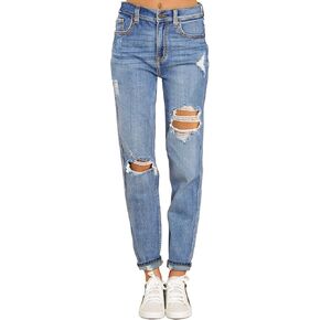 GRAPENT Women's Casual High Waisted Mom Jeans Ripped Stretchy Tapered Denim Pants