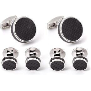Tateossian Black Carbon Fibre Disc Shirt Studs Cufflink Set with Rhodium Silver Case in Kuwait
