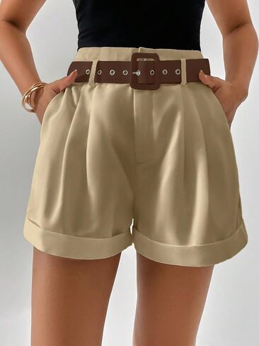 Verdusa Women's High Waisted Plicated Detail Roll Hem Belted Shorts in Saudi Arabia