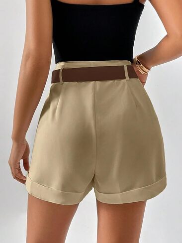 Verdusa Women's High Waisted Plicated Detail Roll Hem Belted Shorts in Saudi Arabia