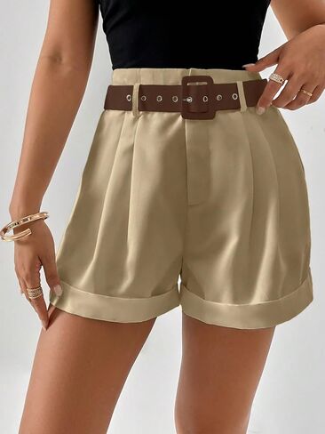 Verdusa Women's High Waisted Plicated Detail Roll Hem Belted Shorts in Saudi Arabia