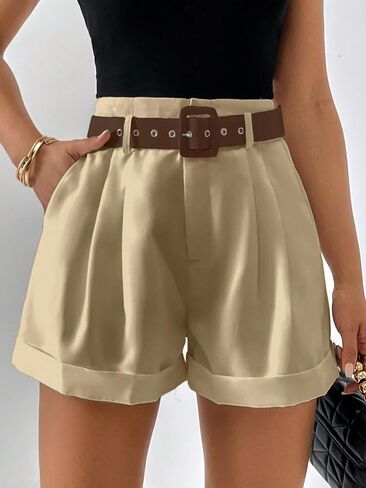 Verdusa Women's High Waisted Plicated Detail Roll Hem Belted Shorts in Saudi Arabia