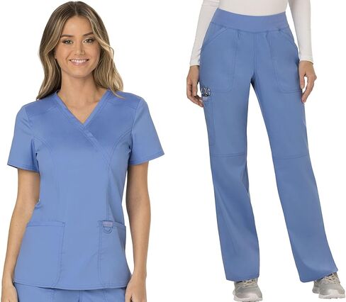 Women Scrubs Set Workwear Revolution WW610 Mock Wrap Top & WW110 Mid Rise Straight Leg Pull-on Pant, Ciel- XL Top/XL Pant in Saudi Arabia