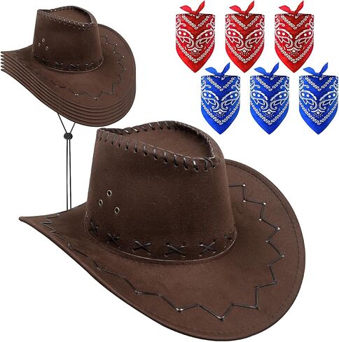 6 Pack Unisex Western Cowboy Hat, Faux Suede Hats Wide Brim Plain Cowboy Hats Bulk with Bandana & Adjustable Drawstring for Women & Men Brown, Brown, L in Kuwait