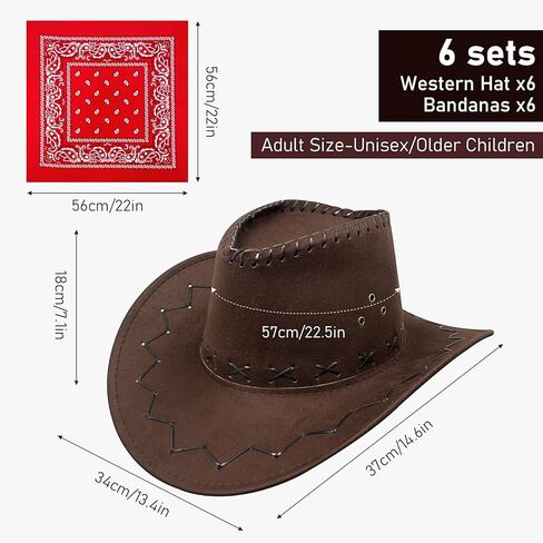 6 Pack Unisex Western Cowboy Hat, Faux Suede Hats Wide Brim Plain Cowboy Hats Bulk with Bandana & Adjustable Drawstring for Women & Men Brown, Brown, L in Kuwait