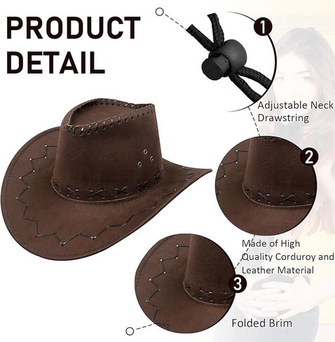 6 Pack Unisex Western Cowboy Hat, Faux Suede Hats Wide Brim Plain Cowboy Hats Bulk with Bandana & Adjustable Drawstring for Women & Men Brown, Brown, L in Kuwait