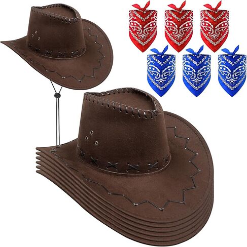 6 Pack Unisex Western Cowboy Hat, Faux Suede Hats Wide Brim Plain Cowboy Hats Bulk with Bandana & Adjustable Drawstring for Women & Men Brown, Brown, L in Kuwait