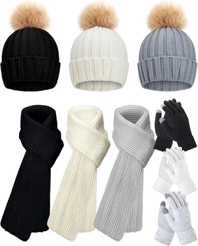 9 Pieces Winter Beanie Hat Scarf Touchscreen Gloves Set for Women Warm Knitted Pom Pom Beanie Soft Warm Elastic Skull Caps Scarves Gloves for Women Men in Saudi Arabia