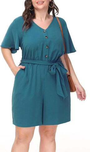 Hanna Nikole Women's Plus Size Summer Short Sleeve Button Down Pockets Jumpsuit Casual Rompers with Belt in Saudi Arabia