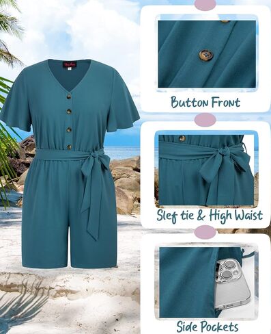 Hanna Nikole Women's Plus Size Summer Short Sleeve Button Down Pockets Jumpsuit Casual Rompers with Belt in Saudi Arabia
