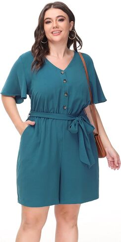 Hanna Nikole Women's Plus Size Summer Short Sleeve Button Down Pockets Jumpsuit Casual Rompers with Belt in Saudi Arabia