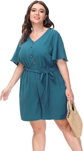 Hanna Nikole Women's Plus Size Summer Short Sleeve Button Down Pockets Jumpsuit Casual Rompers with Belt in Saudi Arabia