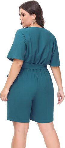 Hanna Nikole Women's Plus Size Summer Short Sleeve Button Down Pockets Jumpsuit Casual Rompers with Belt in Saudi Arabia