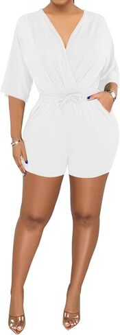 بذلة نسائية LYANER ملفوفة برقبة على شكل حرف V وخصر مطاطي وأكمام قصيرة in Kuwait