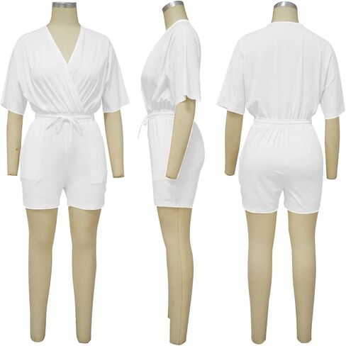 بذلة نسائية LYANER ملفوفة برقبة على شكل حرف V وخصر مطاطي وأكمام قصيرة in Kuwait