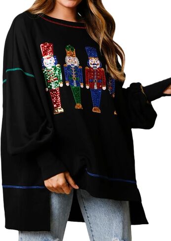 Glkaend Women's Cute Santa Christmas Sweatshirts Funny Graphic Lightweight Sequin Long Sleeve Pullover Hoodies in Saudi Arabia