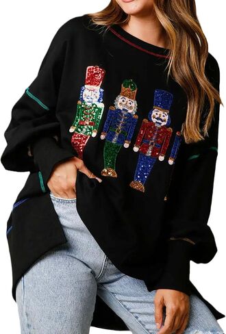 Glkaend Women's Cute Santa Christmas Sweatshirts Funny Graphic Lightweight Sequin Long Sleeve Pullover Hoodies in Saudi Arabia
