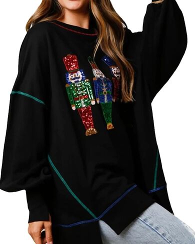 Glkaend Women's Cute Santa Christmas Sweatshirts Funny Graphic Lightweight Sequin Long Sleeve Pullover Hoodies in Saudi Arabia
