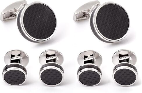 Tateossian Black Carbon Fibre Disc Shirt Studs Cufflink Set with Rhodium Silver Case in Kuwait