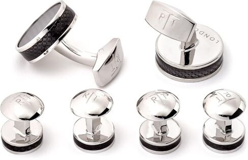 Tateossian Black Carbon Fibre Disc Shirt Studs Cufflink Set with Rhodium Silver Case in Kuwait
