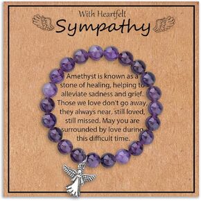 HOHOTANG Sympathy Gift for Loss of Loved One, Healing Amethyst Bead Bracelet with Angel Heart Charm, Memorial Bereavement Grief Jewelry with Card and Gift Box