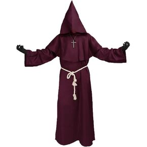 LATH.PIN Medieval Wizard Robe Cloak with Hood for Adult Men Monk Robe Cape Halloween Warlock Cosplay Costume for Priest