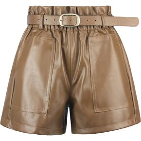 RAMISU Ladie's Casual Faux Leather Shorts High Waisted Elastic Band Belted Shorts Flared Leg Faux Leather Shorts