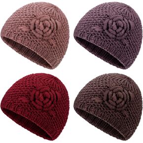 4 Pcs Winter Hats for Women Floral Knitted Beanie Hats Warm Ladies Caps and Hats Flannelette Lined Middle Aged and Old Women Head Wear Knitted Earmuff Hat for Winter Outdoor
