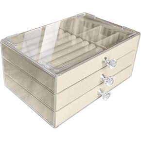 Jemjosh Clear Acrylic Velvet Jewelry Organizer with 3 Drawers, Stackable Display Storage Earrings Necklace Rings Bracelets Box Holder Case for Women, Grey