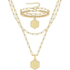 FIRAZIO Dainty Layered Initial Necklaces Bracelets Set for Women Trendy, 14K Gold Plated Paperclip Chain Necklace Cute Letter Pendant Initial Choker Necklace Gold Layered Necklaces for Women