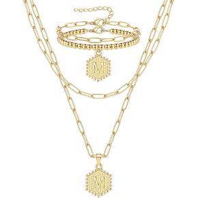 FIRAZIO Dainty Layered Initial Necklaces Bracelets Set for Women Trendy, 14K Gold Plated Paperclip Chain Necklace Cute Letter Pendant Initial Choker Necklace Gold Layered Necklaces for Women