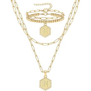 FIRAZIO داينتي الطبقات القلائد الأولية مجموعة أساور للنساء العصرية، 14K مطلية بالذهب ورقة مشبك سلسلة قلادة لطيف رسالة قلادة قلادة الأولية قلادة القلائد الذهبية الطبقات للنساء in Kuwait