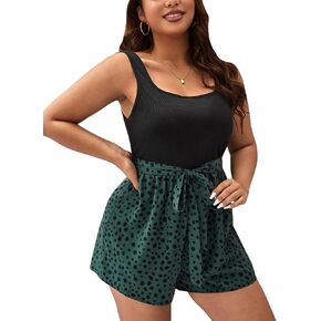 بدلة قفز نسائية صيفية مقاس كبير من Cozyease برقبة مربعة وأكمام بدون أكمام وحزام وزرة ملونة in Kuwait