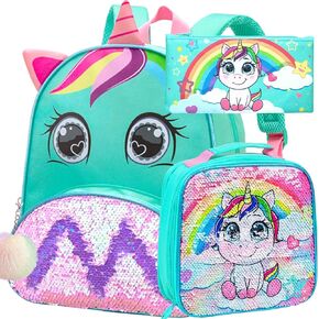 3PCS Toddler Backpack for Girls, 12" Unicorn Sequins Preschool Bookbag and Lunch Box