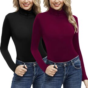 2 Packs Women Long Sleeve Black Mock Turtleneck Pullover Stretch Slim Layer Top