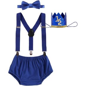 IBTOM CASTLE Baby Boy 1/2 Birthday Cake Smash Outfit Diaper Cover+Suspenders+Bow Tie+Crown Newborn Photography Clothes Set in Kuwait
