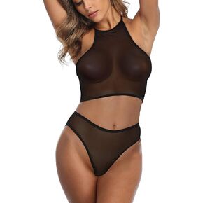 SHERRYLO طقم لانجري شفاف، توب قصير أسود ومجموعة قصيرة من الغنائم مكونة من قطعتين شفاف من خلال رقبة عالية وجزء سفلي عالي الخصر in Kuwait