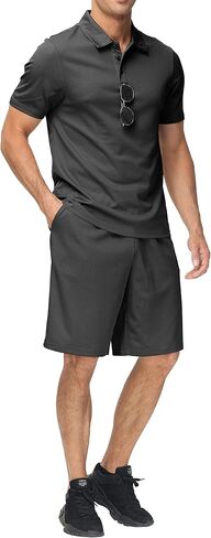MoFiz قميص بولو رجالي شورت مجموعة ملابس الصيف خفيفة الوزن عادية كم قصير بدلة بولو للرجال 2 قطعة شورت بدلة رياضية in Kuwait