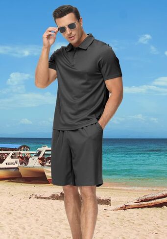 MoFiz قميص بولو رجالي شورت مجموعة ملابس الصيف خفيفة الوزن عادية كم قصير بدلة بولو للرجال 2 قطعة شورت بدلة رياضية in Kuwait