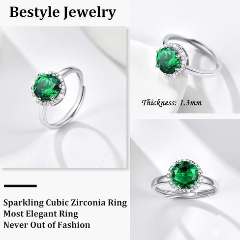 925 Sterling Silver Birthstone Rings for Women Girls with Clear 2ct Heart/ Round/ Teardrop/ Square Crystal, Solitaire Diamond Halo Open Bands Cubic Zirconia Rings Adjustable Size#6-#12 in Kuwait