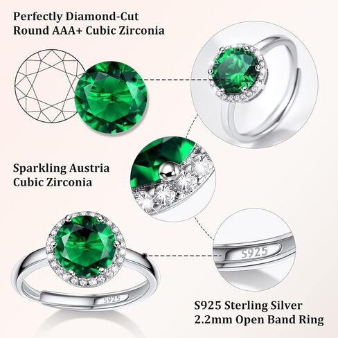 925 Sterling Silver Birthstone Rings for Women Girls with Clear 2ct Heart/ Round/ Teardrop/ Square Crystal, Solitaire Diamond Halo Open Bands Cubic Zirconia Rings Adjustable Size#6-#12 in Kuwait